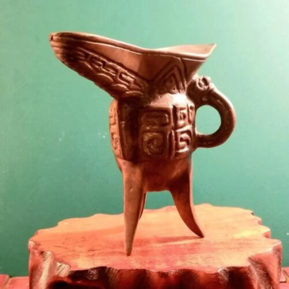 Antique Ceremonial Ritual Bronze Tripod Wine Warming Vessel Chinese Jue Style